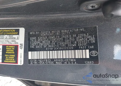 2011 Toyota Camry Le из США, поврежденный, VIN 4T1BF3EK5BU222320